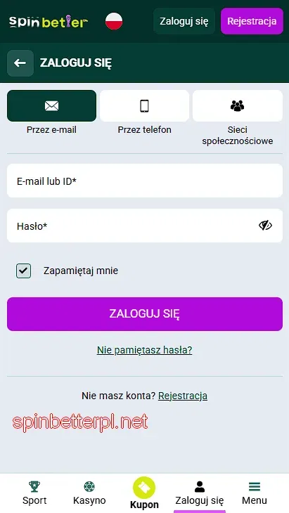 Logowanie przez e-mail do SpinBetter