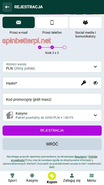 Rejestracja przez e-mail w SpinBetter – krok 3