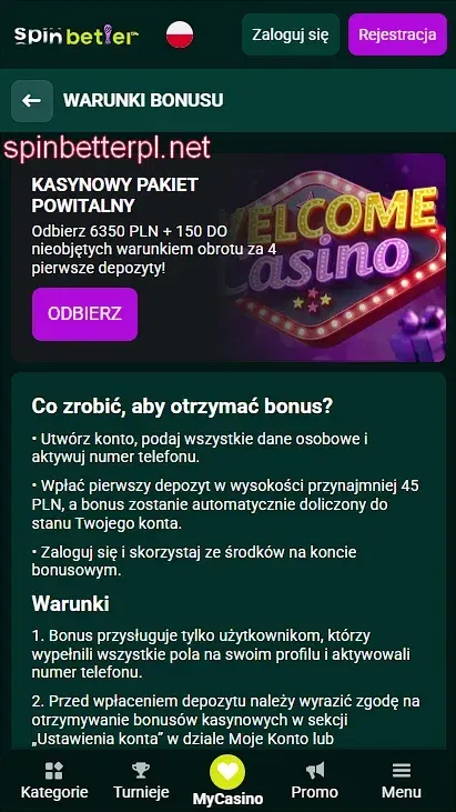 Kasynowy pakiet powitalny SpinBetter
