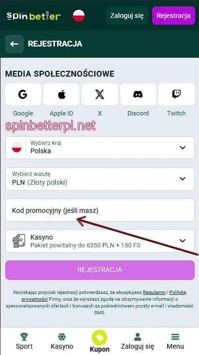 Kod promocyjny podczas rejestracji w SpinBetter